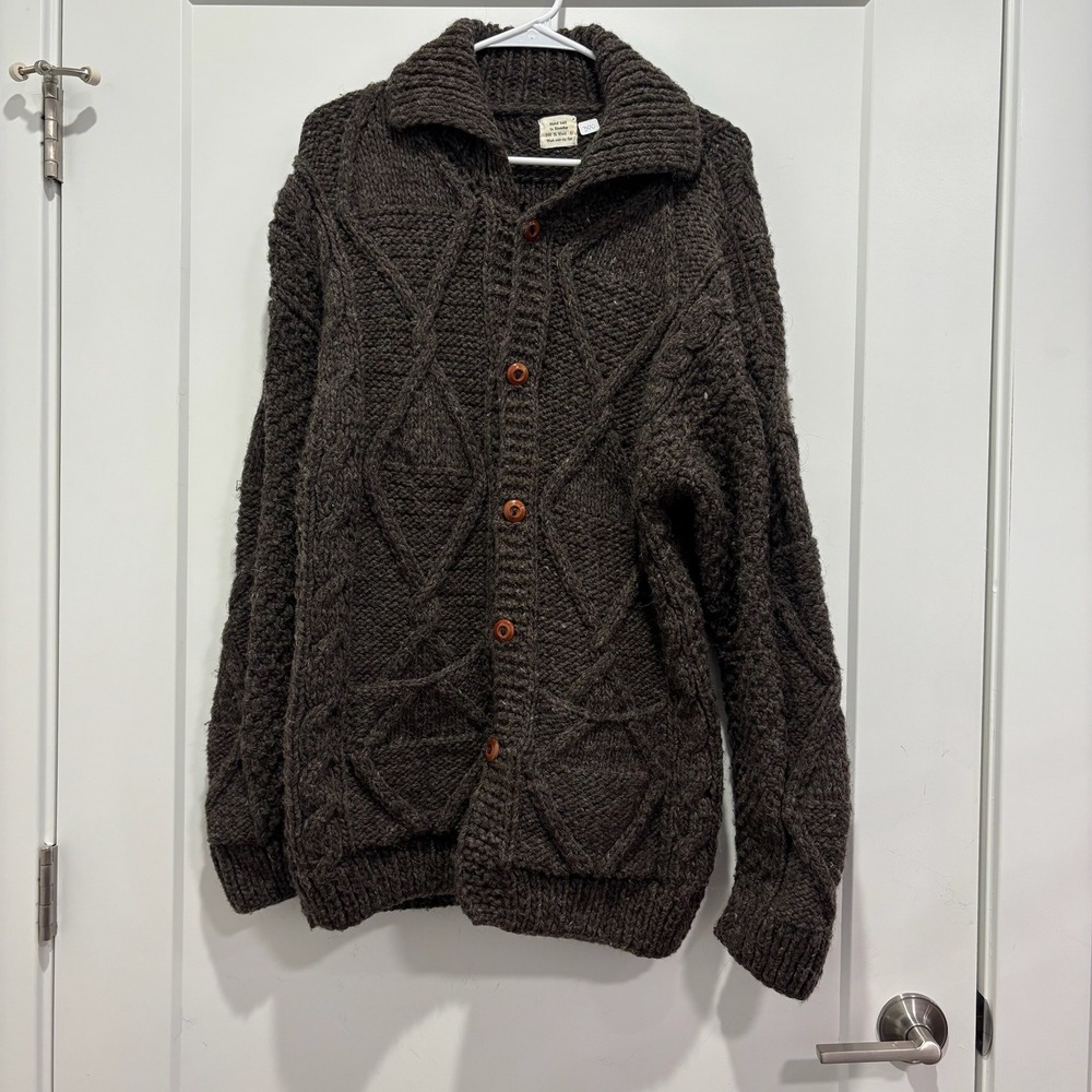 Hand Knit Wool Cardigan Sweater Mens Large Brown Cable Knit Ecuador Button Front